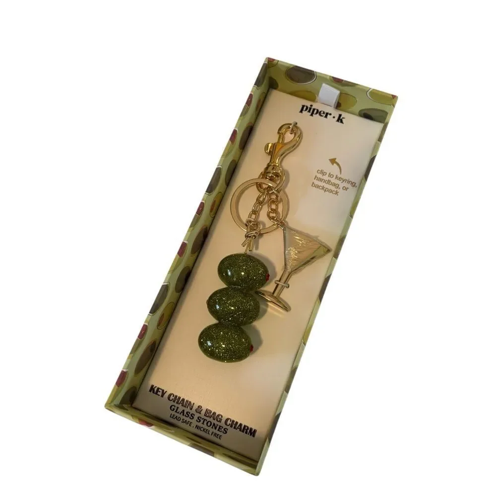 Piper.k Gold Tone & Sparkly Green Glass Martini Themed Key Chain & Bag Charm.